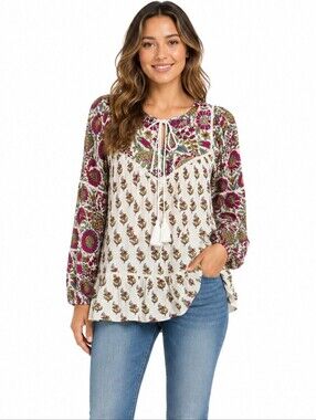 Rachel Zoe‎ Floral Boho Peasant Blouse Tassel Tie Long Sleeve 100% Cotton Large